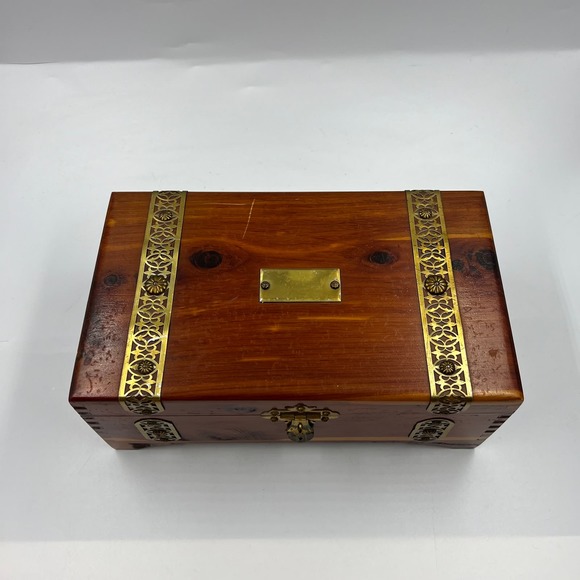 Vintage Wooden Latch Jewelry Storage Box Gold Tone Metal Blue Lining Mirror MCM - Picture 13 of 13